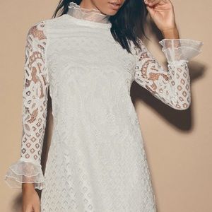 Lulu’s Love and Joy White Lace Long Sleeve Shift Dress |Size M